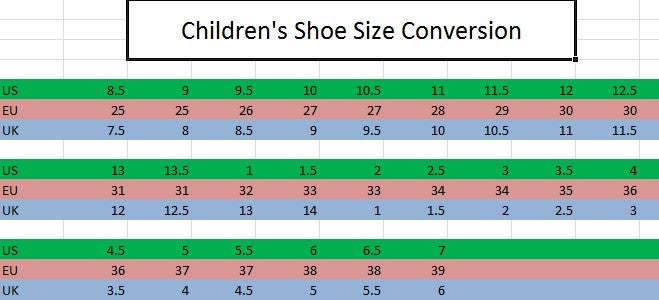 Children's Shoe Sizing Conversion Chart
