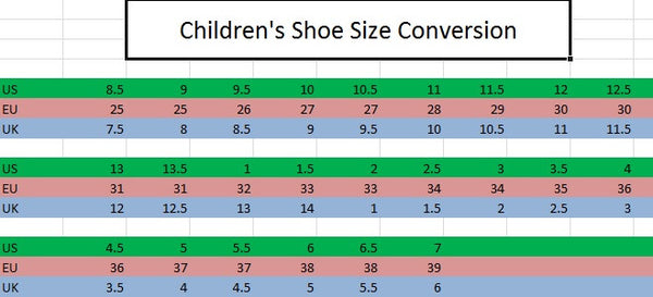 Children's european shoe outlet size conversion chart