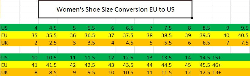 Women's Shoe/Boot Size Conversion Chart